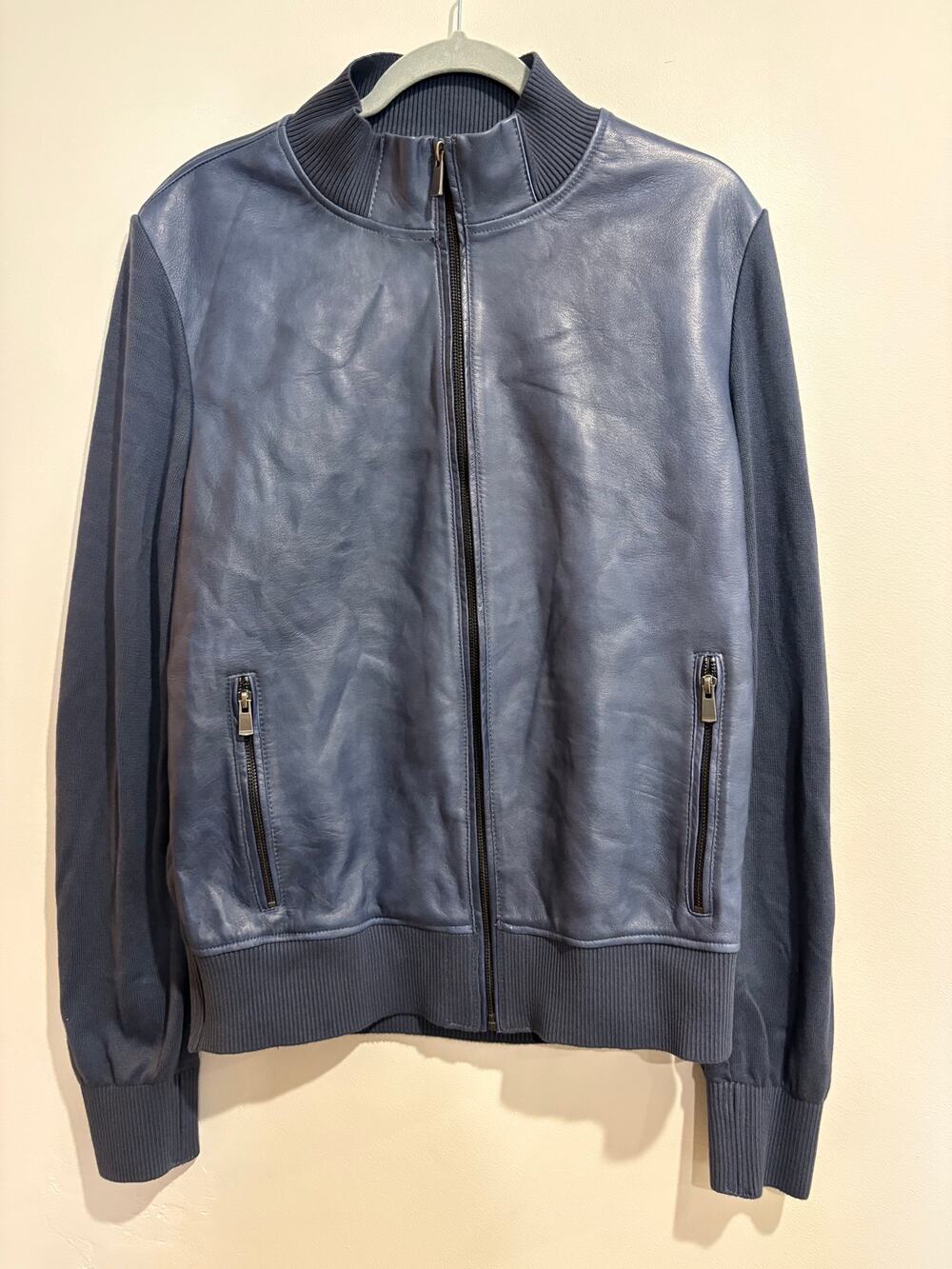 NWT Regency Liam Lamb Leather & Knit Moto Bomber Jacket Blue Men's Size Small
